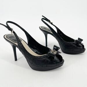 Dior Black Cannage Patent and Leather Bow CD Logo Slingback Pump size 36